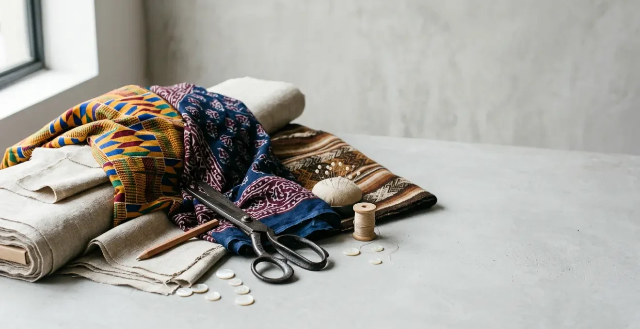 Composizione visiva che rappresenta l'integrazione armoniosa tra elementi culturali diversi nella moda italiana moderna