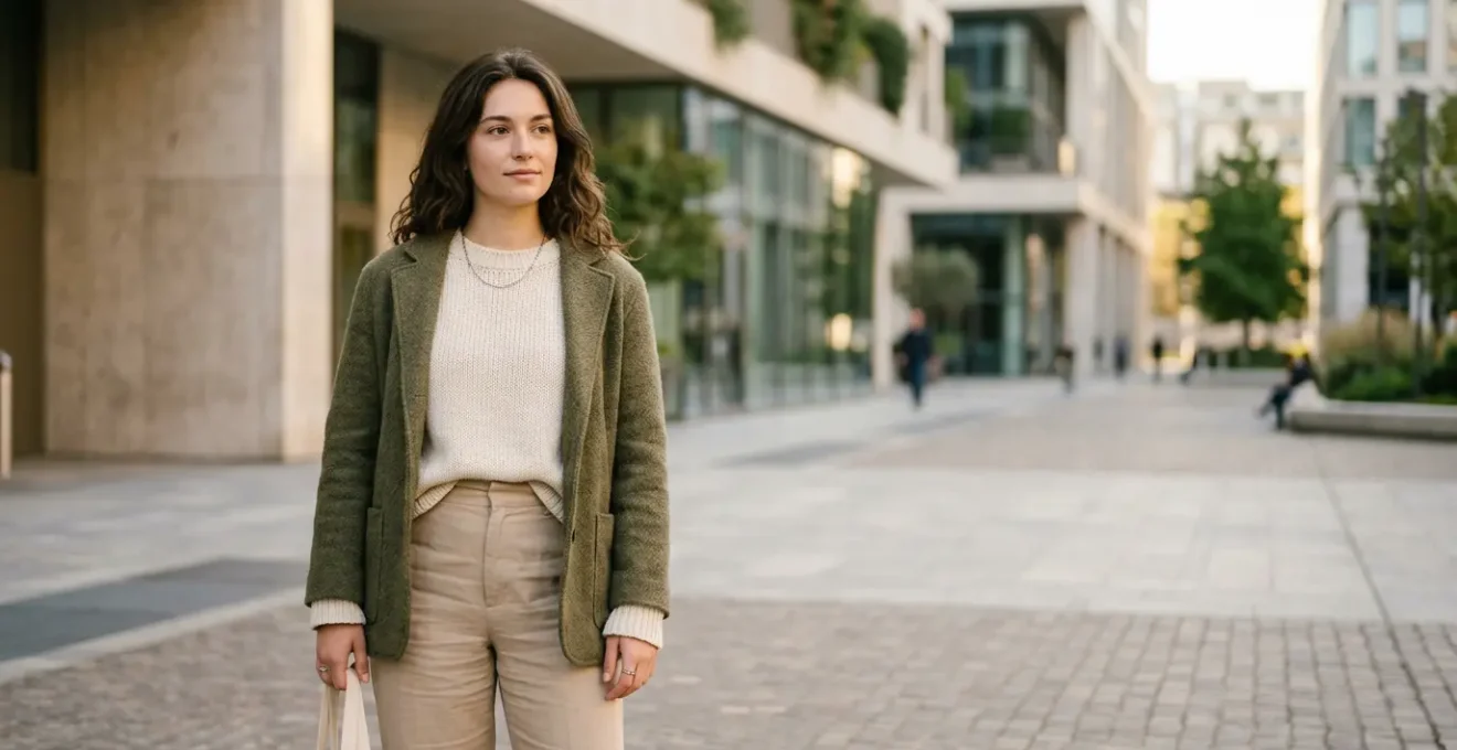 Giovane persona italiana con abbigliamento minimalista senza loghi che riflette i valori della moda etica e sostenibile della Gen Z