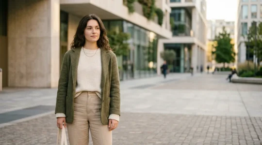 Giovane persona italiana con abbigliamento minimalista senza loghi che riflette i valori della moda etica e sostenibile della Gen Z