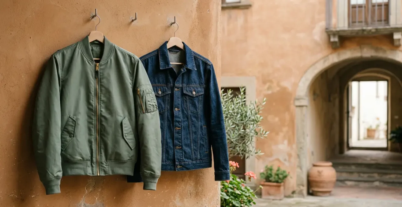 Giacca bomber e giacca di jeans affiancate su sfondo neutro rappresentanti le scelte di moda per la mezza stagione italiana