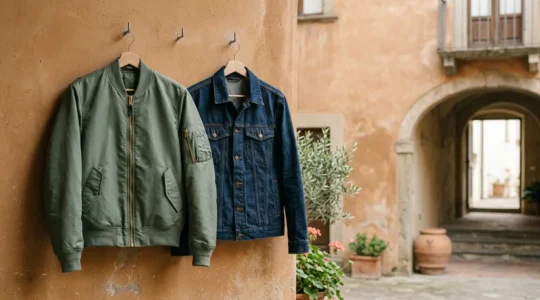 Giacca bomber e giacca di jeans affiancate su sfondo neutro rappresentanti le scelte di moda per la mezza stagione italiana