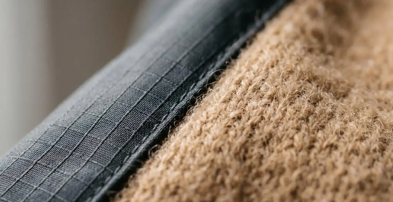 Macro dettaglio di contrasto materiali tra tessuto tecnico e fibre nobili nello styling gorpcore urbano