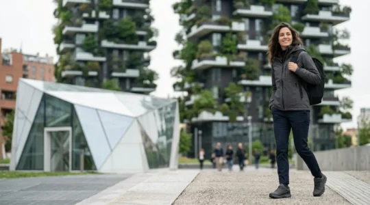 Persona con giacca tecnica e sneakers da trail in ambiente urbano milanese che bilancia stile outdoor e eleganza cittadina