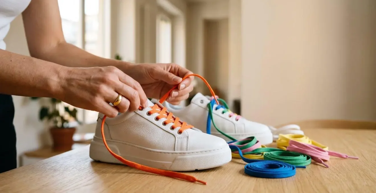 Dettaglio ravvicinato di mani che cambiano lacci colorati su sneaker chunky bianca con materiali diversi