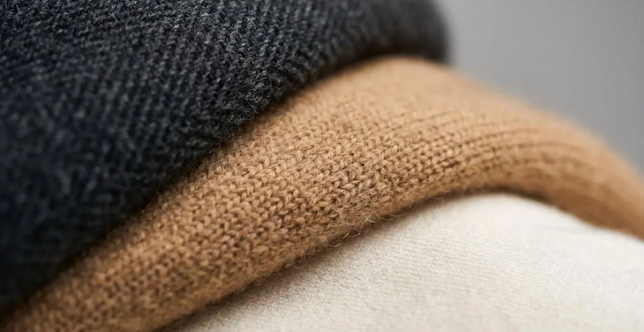 Dettaglio macro di strati di tessuti pregiati italiani sovrapposti con texture cashmere e lana merino