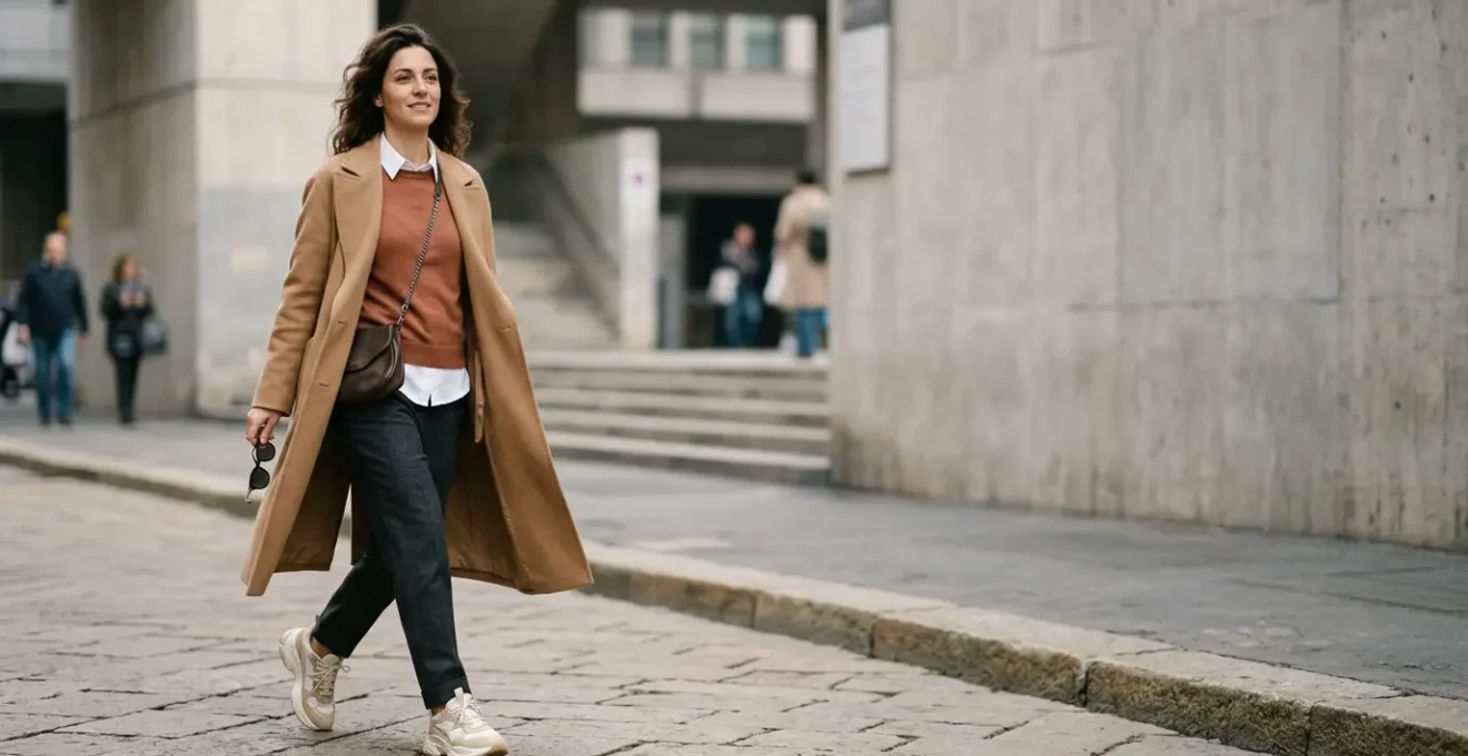 Figura elegante con outfit stratificato minimalista in tonalità neutre e calde per strada urbana italiana