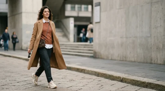 Figura elegante con outfit stratificato minimalista in tonalità neutre e calde per strada urbana italiana