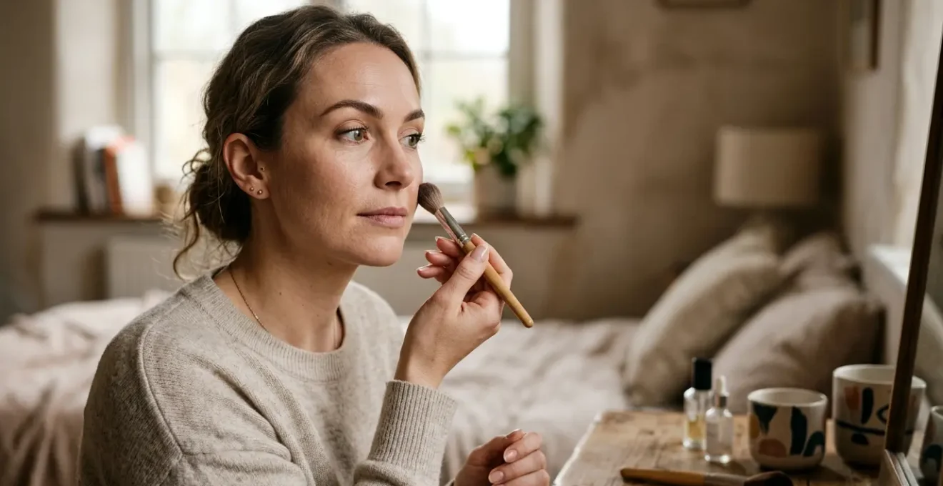Ritratto di una donna che guarda serena verso la luce mentre applica delicatamente make-up sul viso, simbolo di autostima e bellezza personale