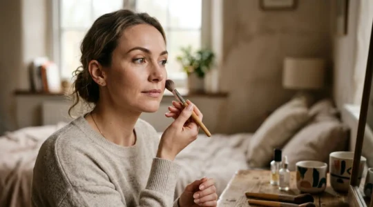 Ritratto di una donna che guarda serena verso la luce mentre applica delicatamente make-up sul viso, simbolo di autostima e bellezza personale