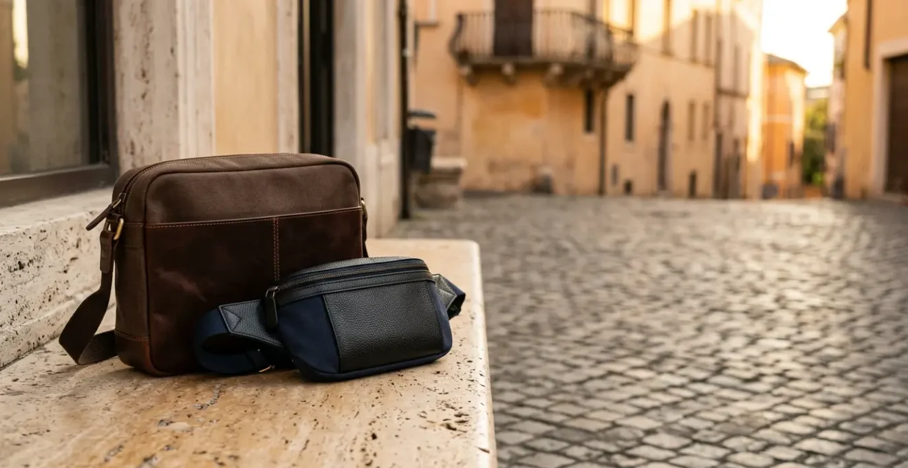 Confronto visivo tra marsupio in vita e borsa crossbody per viaggiatori in contesto urbano italiano