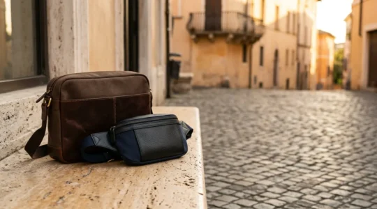 Confronto visivo tra marsupio in vita e borsa crossbody per viaggiatori in contesto urbano italiano
