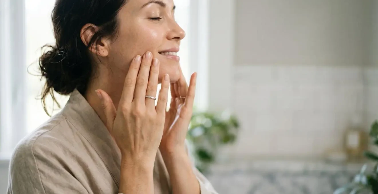 Gesto delicato di massaggio facciale durante detersione con movimento circolare naturale
