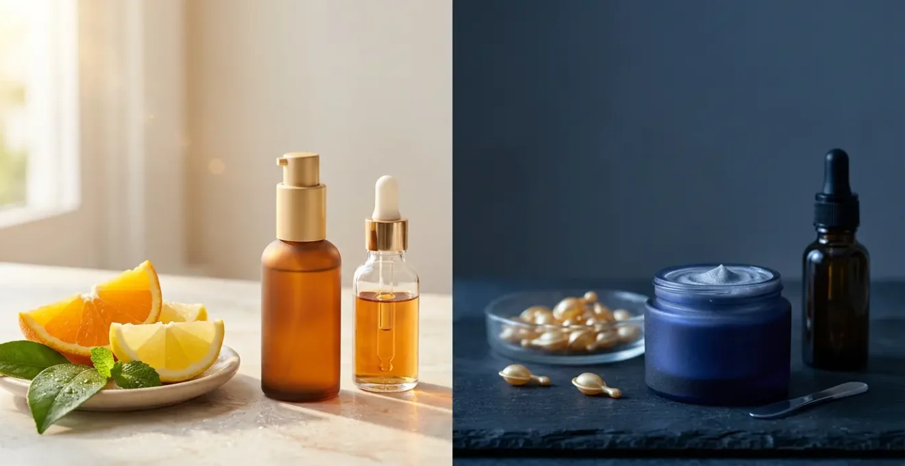 Composizione concettuale che rappresenta il contrasto tra routine skincare mattutina e serale con ingredienti fotosensibili