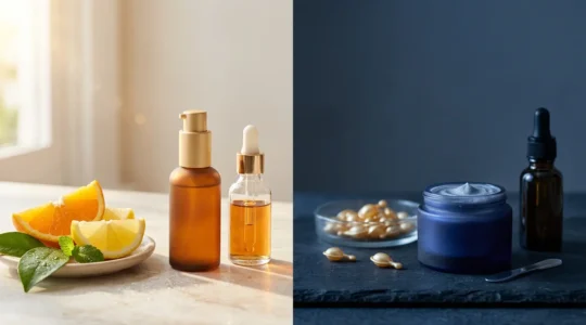Composizione concettuale che rappresenta il contrasto tra routine skincare mattutina e serale con ingredienti fotosensibili