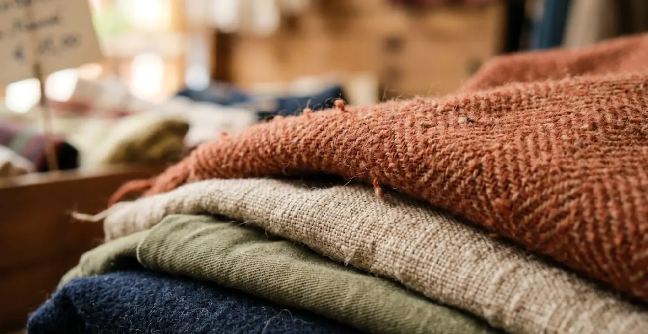 Dettaglio ravvicinato di tessuti vintage italiani di qualità con texture visibili che mostrano l'alternativa sostenibile al fast fashion