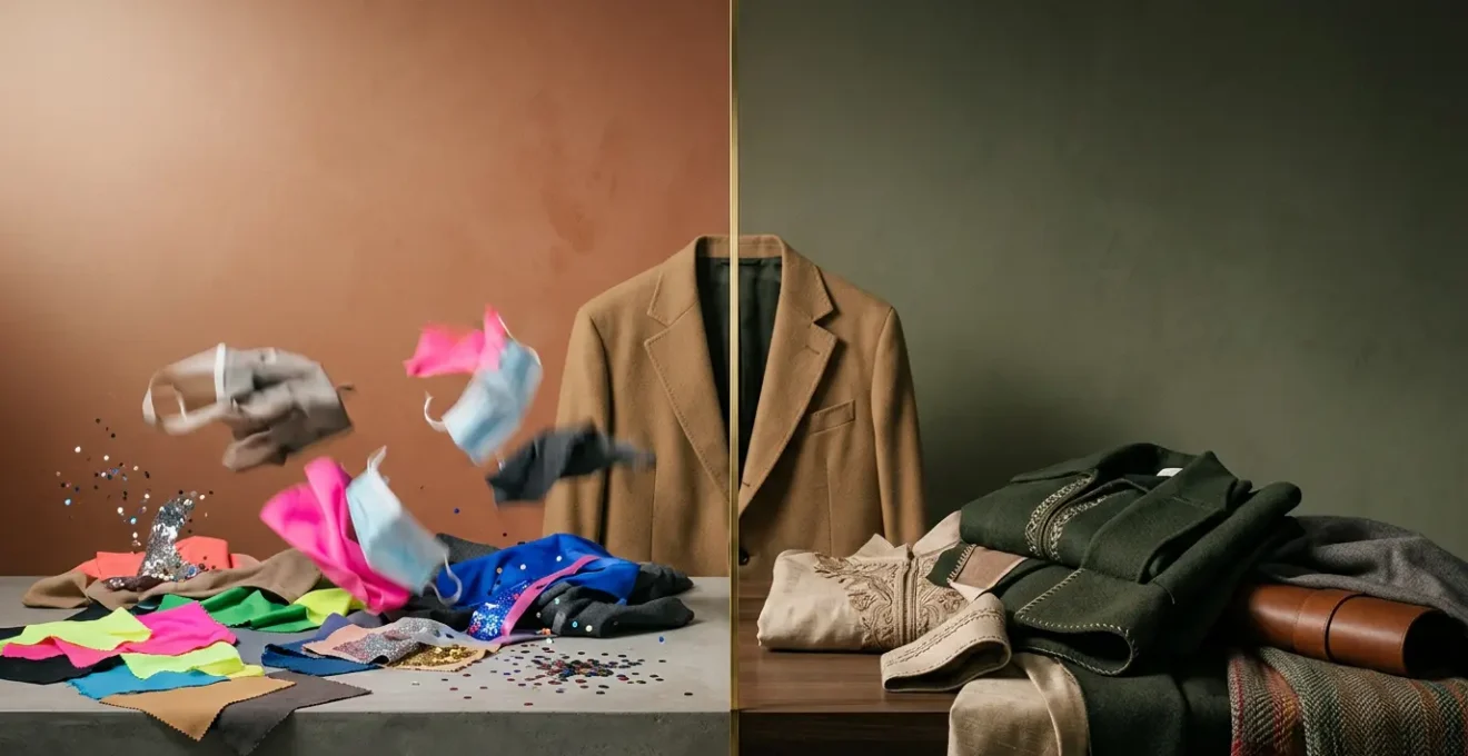 Rappresentazione visiva del conflitto tra tendenze virali effimere e stile autentico duraturo