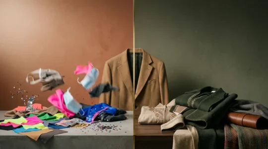 Rappresentazione visiva del conflitto tra tendenze virali effimere e stile autentico duraturo