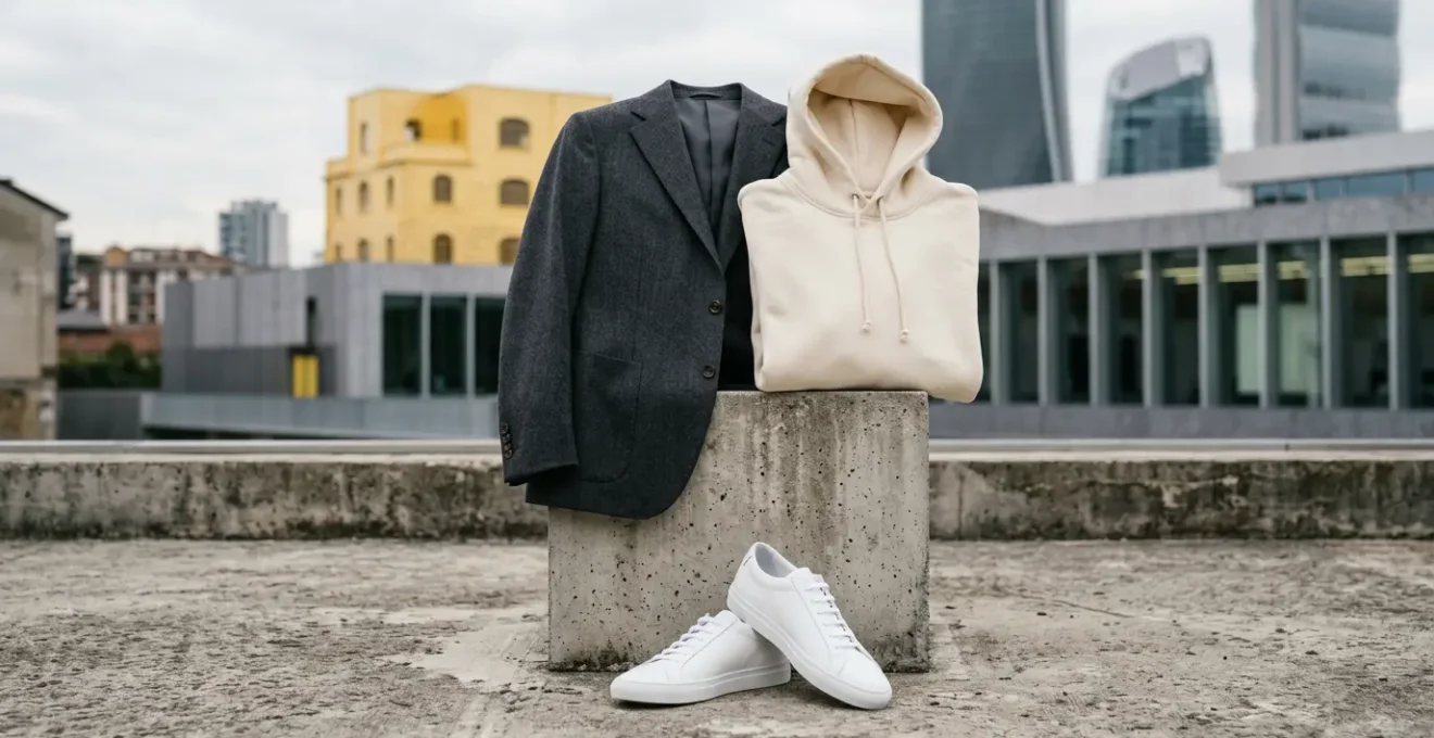 Composizione elegante che fonde elementi streetwear e sartoriali in ambiente milanese