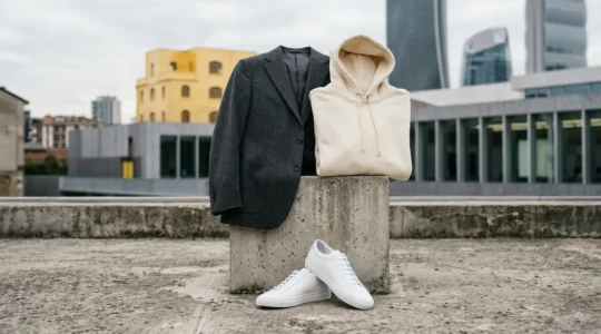 Composizione elegante che fonde elementi streetwear e sartoriali in ambiente milanese
