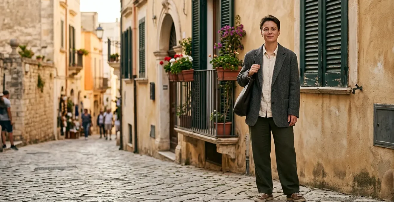 Persona che indossa capi fluidi e senza etichette di genere in un contesto urbano italiano