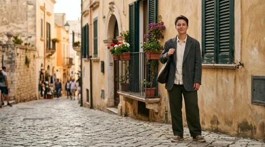 Persona che indossa capi fluidi e senza etichette di genere in un contesto urbano italiano