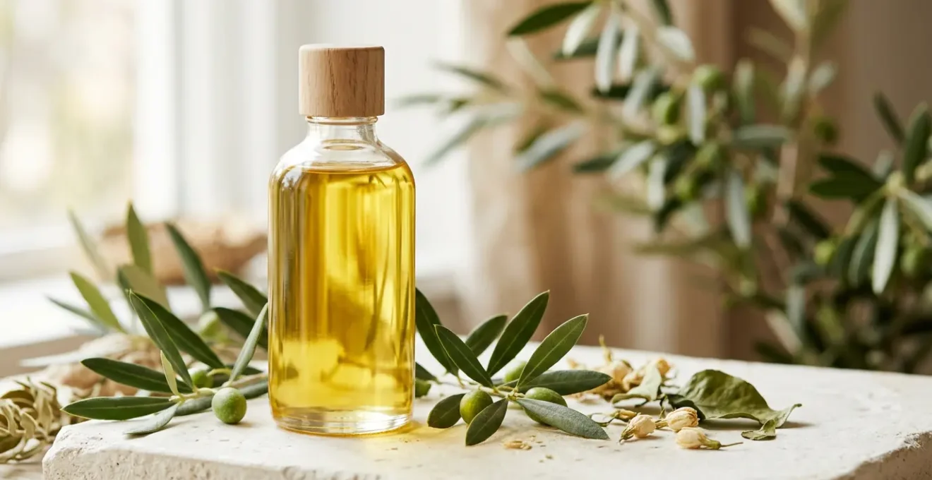 Primo piano di bottiglia di olio detergente traslucido con texture setosa e elementi botanici naturali su sfondo minimal