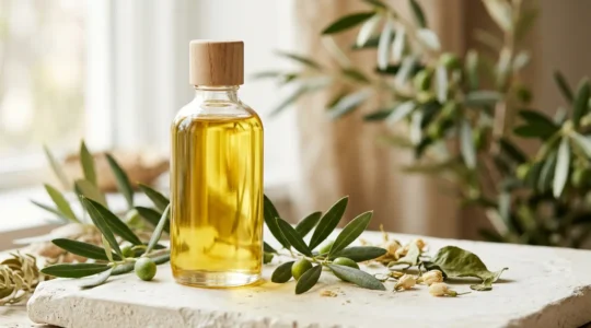 Primo piano di bottiglia di olio detergente traslucido con texture setosa e elementi botanici naturali su sfondo minimal