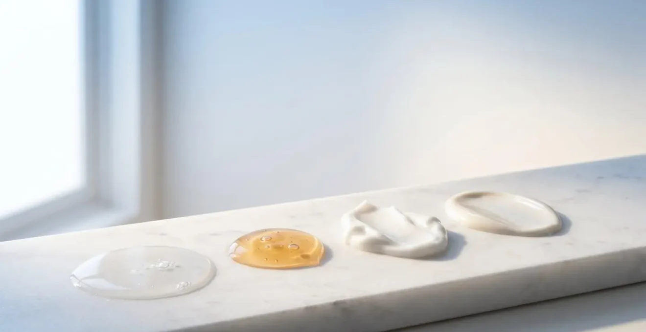 Sequenza visiva che mostra la progressione delle texture dalla più liquida alla più densa in una routine skincare