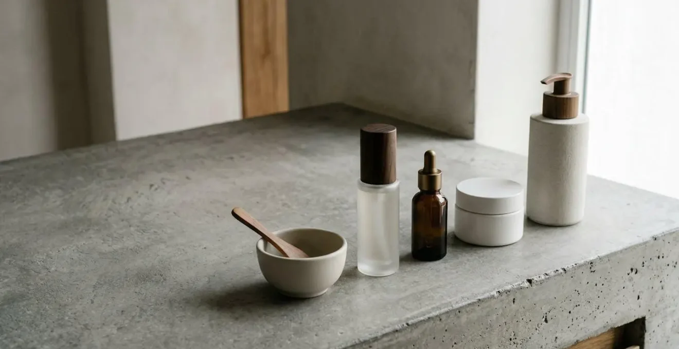 Composizione minimalista di prodotti per la cura della pelle disposti in sequenza ordinata