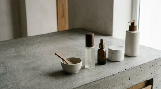 Composizione minimalista di prodotti per la cura della pelle disposti in sequenza ordinata