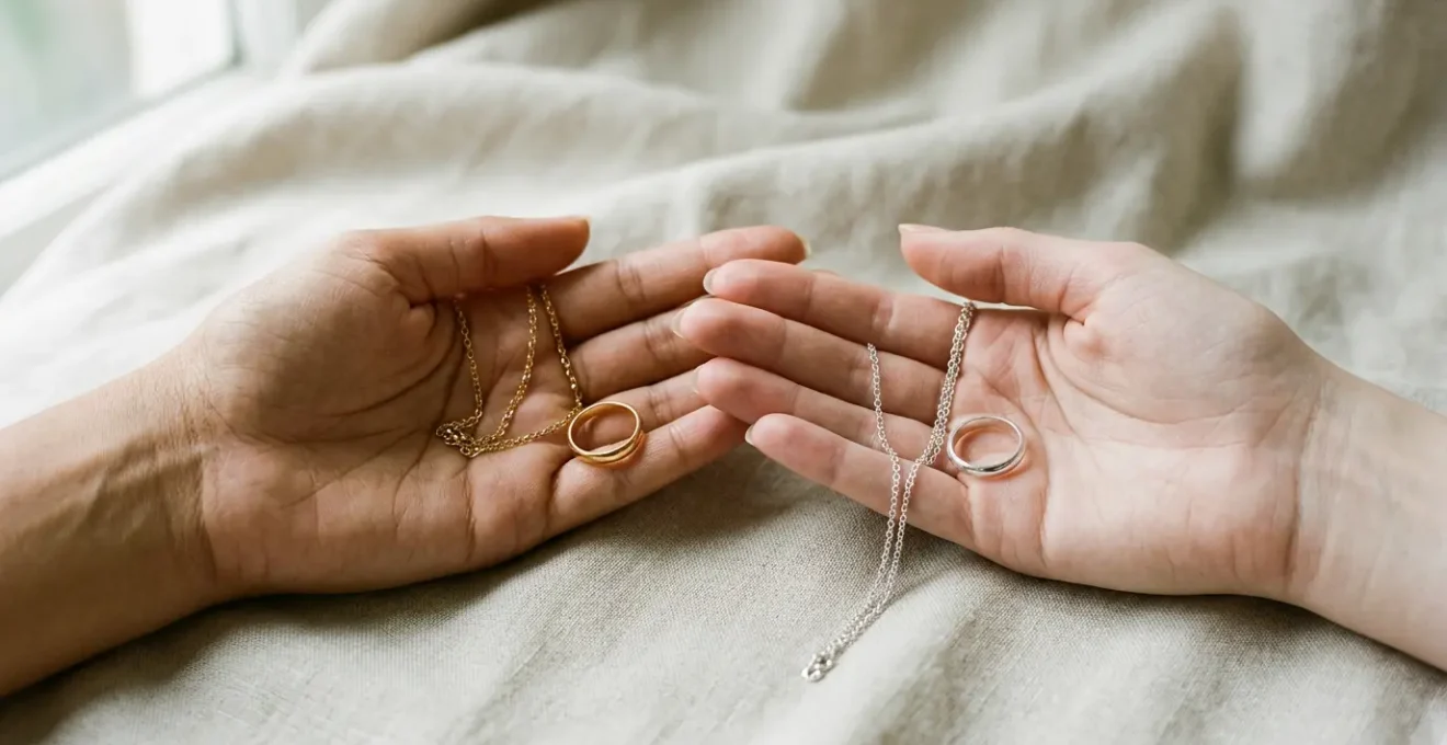 Dettaglio ravvicinato di gioielli in oro e argento su pelle naturale che evidenzia l'armonia cromatica