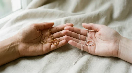 Dettaglio ravvicinato di gioielli in oro e argento su pelle naturale che evidenzia l'armonia cromatica