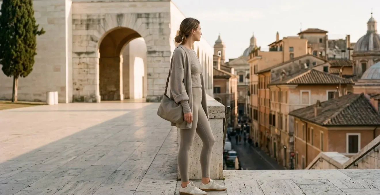 Look monocromatico sofisticato in tonalità neutre con texture diverse per outfit athleisure