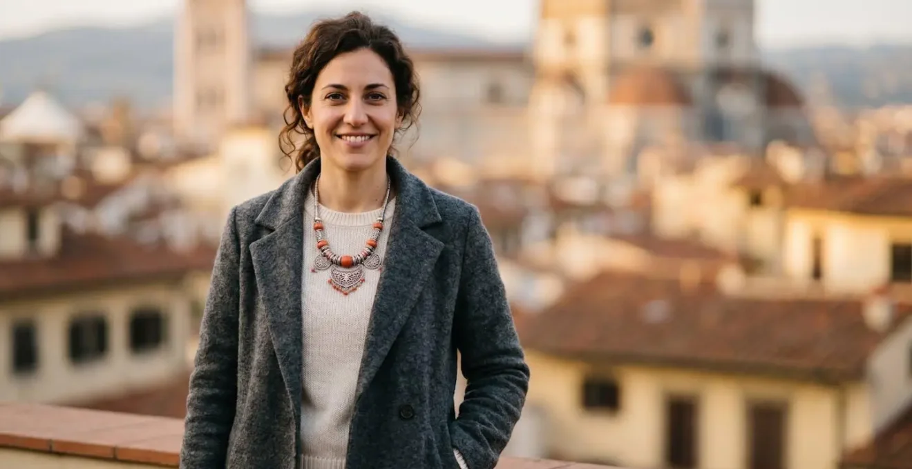 Ritratto che cattura l'espressione sicura di una persona che indossa un elemento culturale distintivo in un ambiente urbano italiano