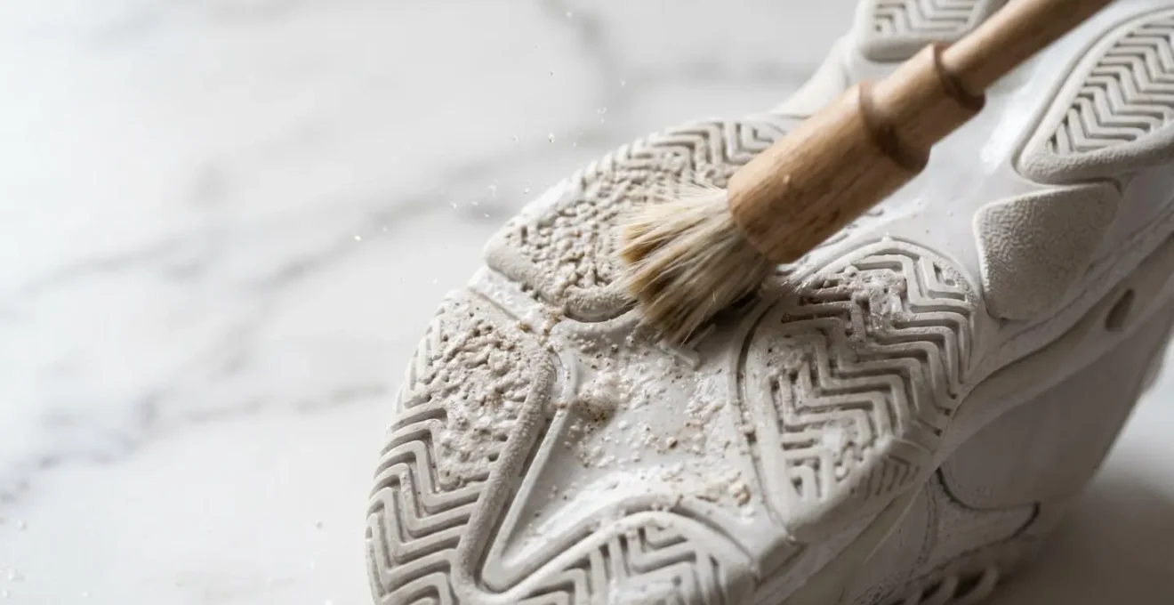 Dettaglio macro di suola di sneaker bianca durante pulizia con ingredienti naturali su superficie pulita