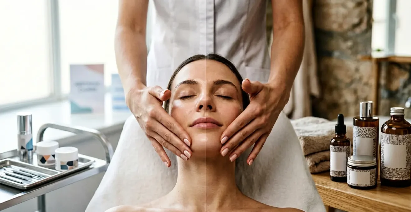 Comparazione visiva tra trattamento viso professionale e cura fai-da-te con prodotti naturali