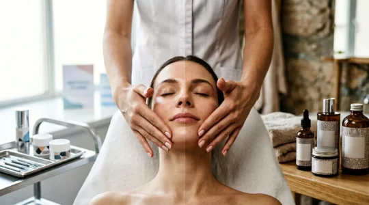 Comparazione visiva tra trattamento viso professionale e cura fai-da-te con prodotti naturali