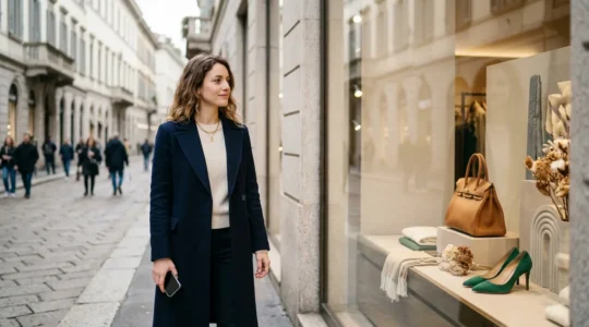Persona che osserva serenamente una vetrina di moda esclusiva senza cedere alla pressione