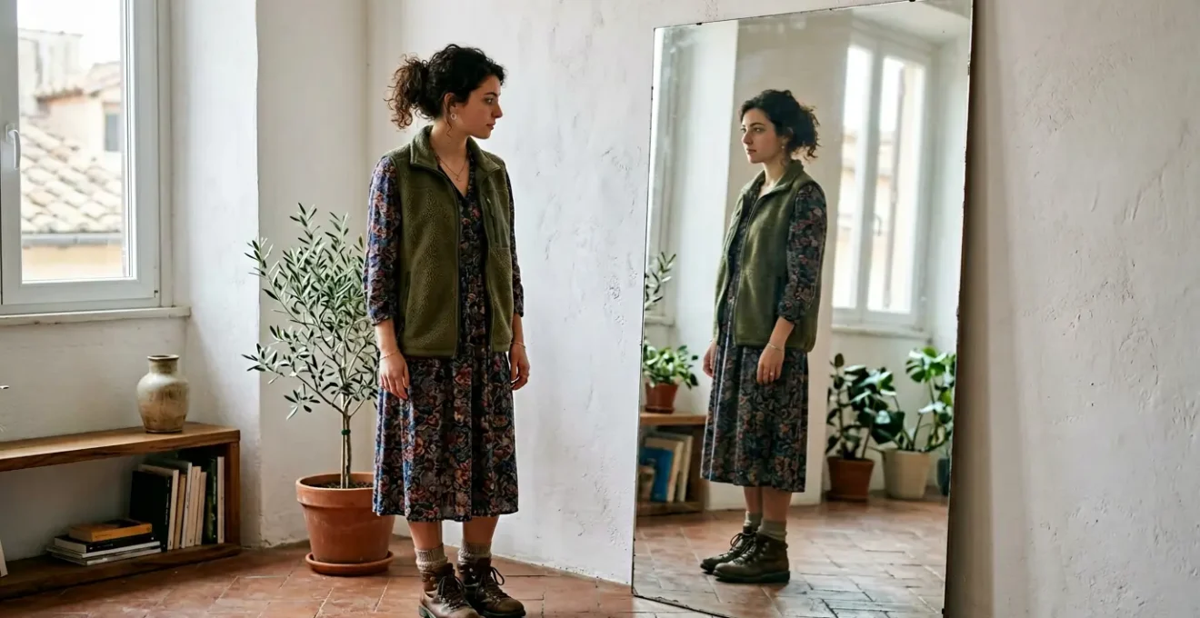 Giovane donna in piedi davanti a uno specchio in uno spazio luminoso e minimalista, vestita con un mix di stili diversi che riflettono la ricerca di una identita di moda personale autentica