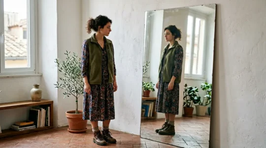 Giovane donna in piedi davanti a uno specchio in uno spazio luminoso e minimalista, vestita con un mix di stili diversi che riflettono la ricerca di una identita di moda personale autentica