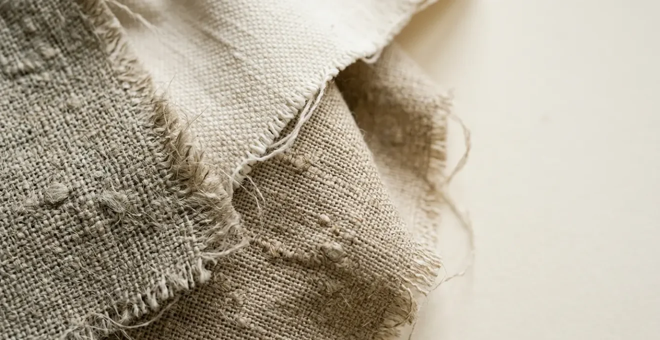 Primo piano di tessuti naturali con texture visibili e dettagli artigianali su sfondo minimalista