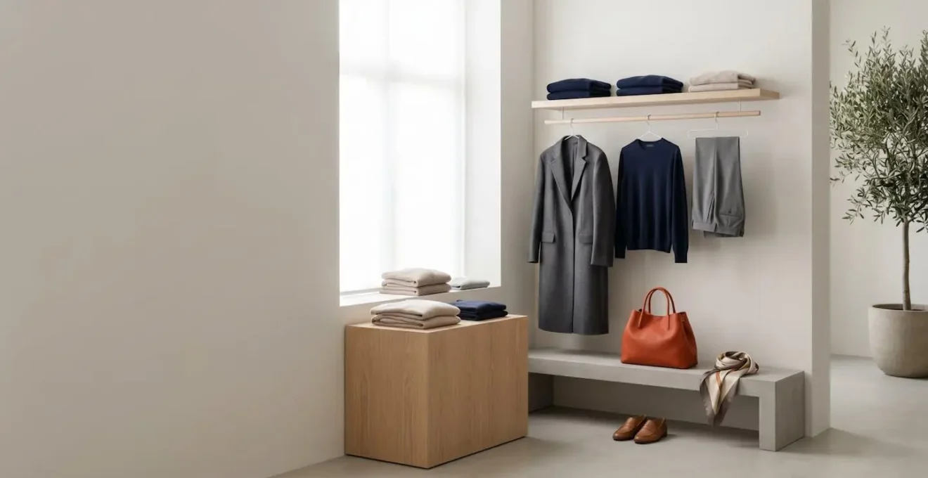 Ambiente minimalista che mostra l'integrazione armoniosa di un singolo accessorio di tendenza in un guardaroba di base neutro italiano