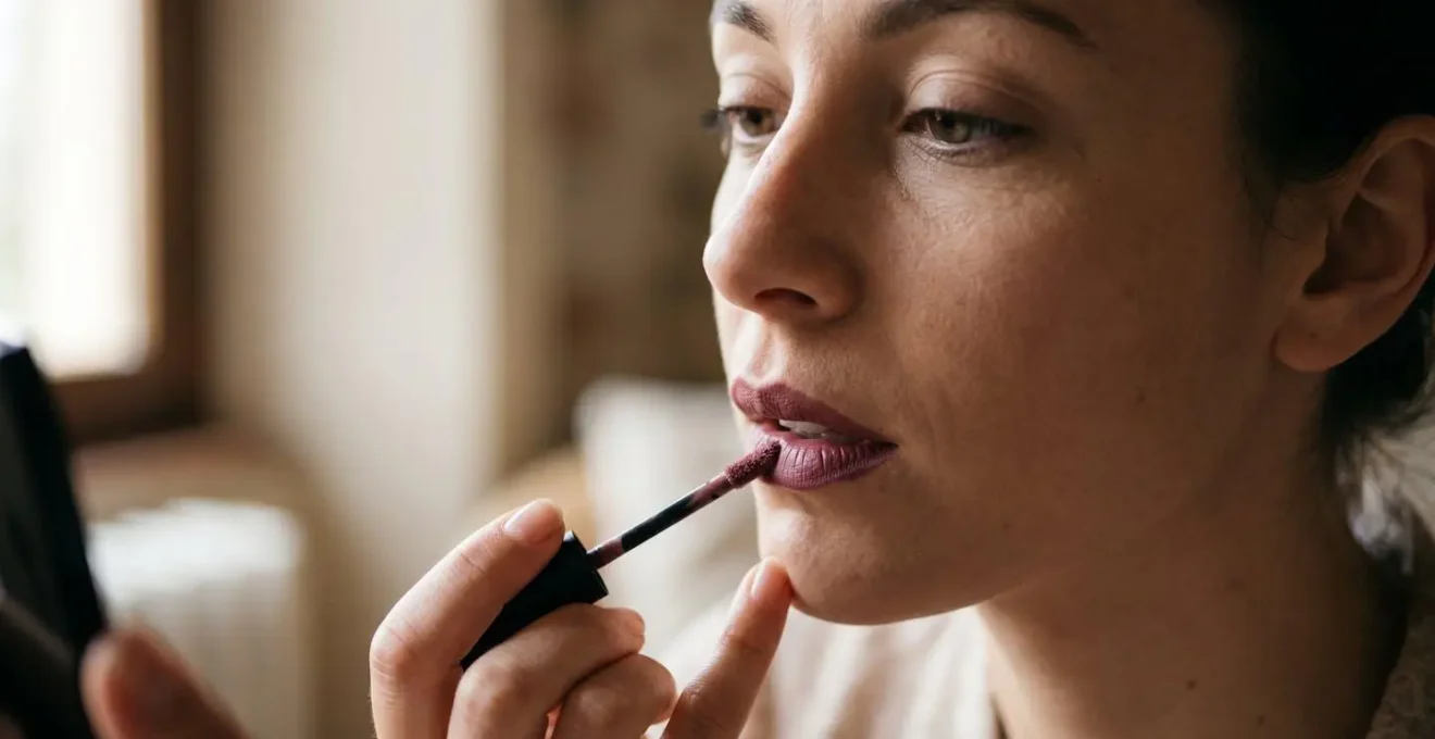 Vista ravvicinata dell'applicazione di rossetto liquido transfer-proof con applicatore per copertura uniforme