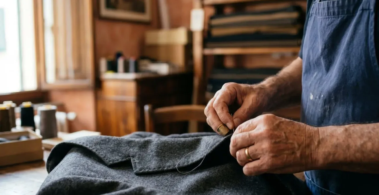 Mani di sarta italiana che lavora su tessuto di alta qualità con strumenti artigianali