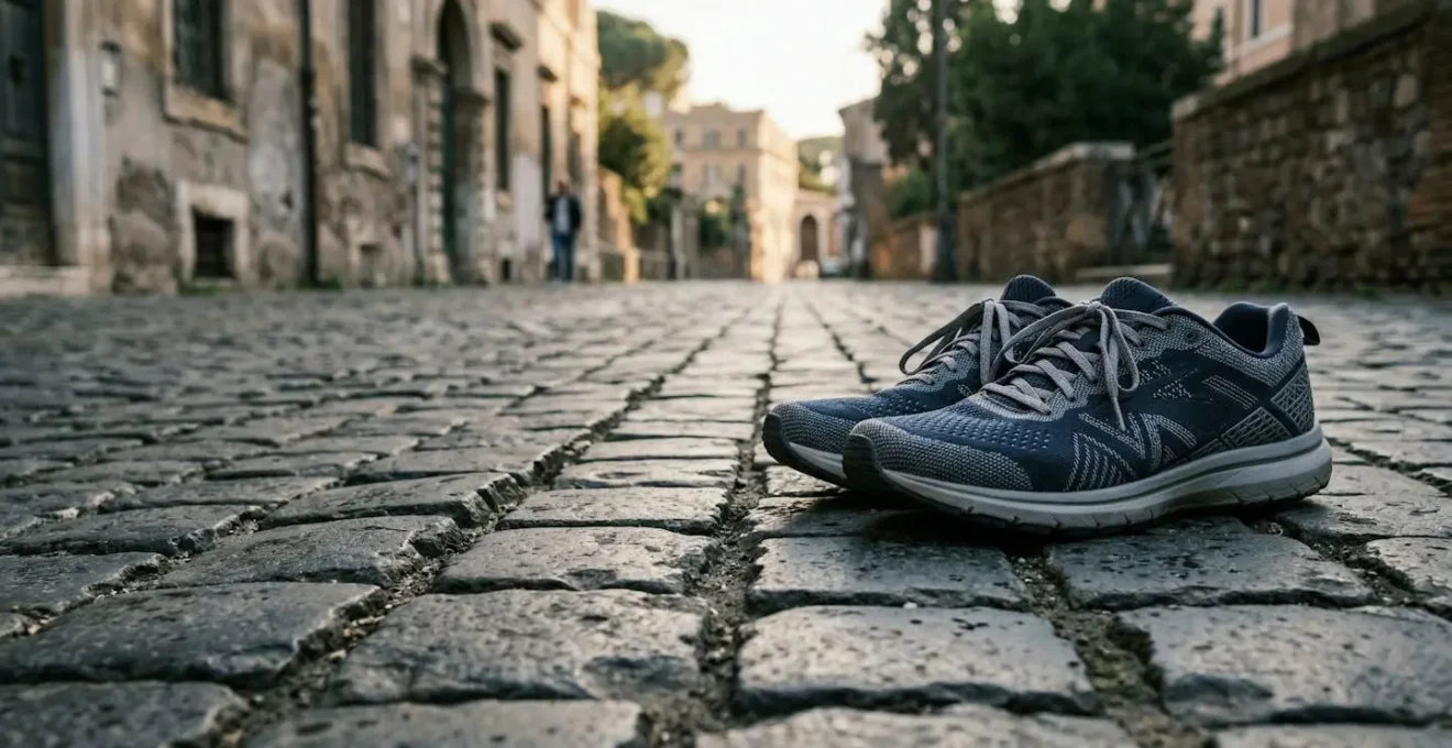 Scarpe da running professionali su pavimentazione italiana, dettaglio tecnico dell'ammortizzazione e della suola