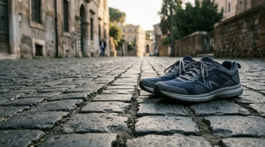 Scarpe da running professionali su pavimentazione italiana, dettaglio tecnico dell'ammortizzazione e della suola