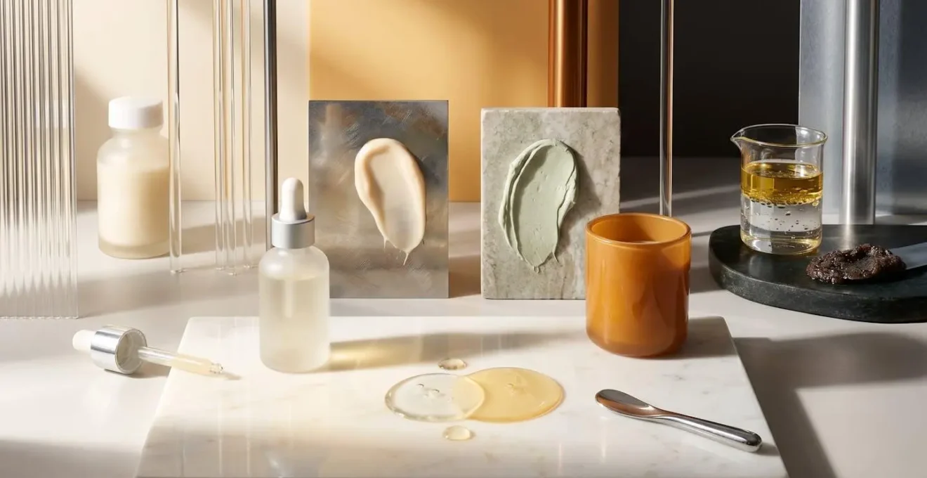 Composizione simbolica che rappresenta la compatibilità tra ingredienti cosmetici attraverso elementi visivi contrastanti