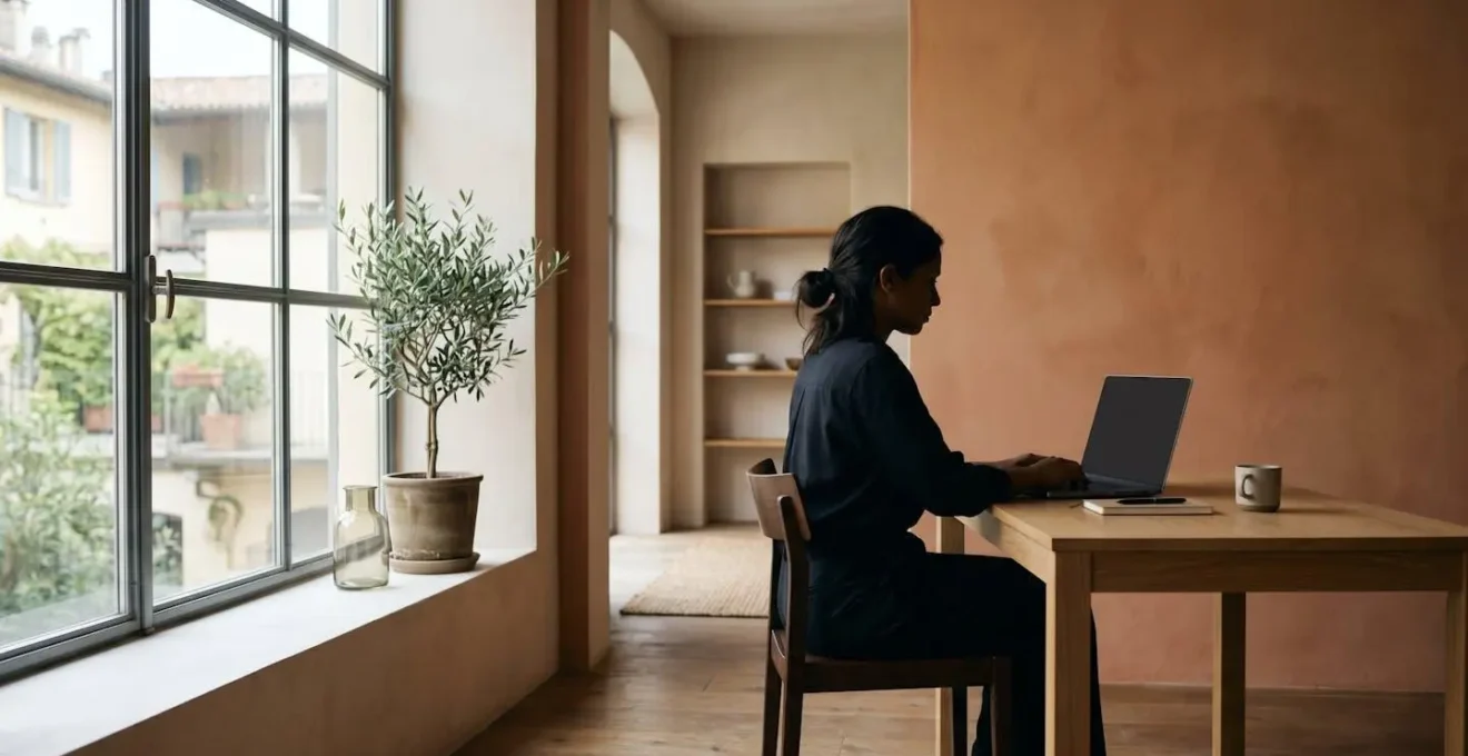 Donna in smart working esposta a luce naturale dalla finestra e schermo del computer