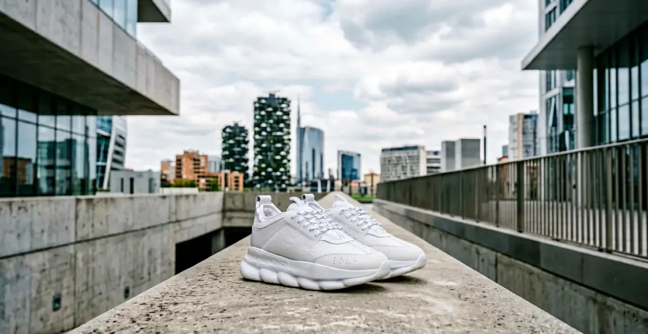 Sneakers chunky bianche su sfondo urbano elegante milanese con elementi architettonici moderni