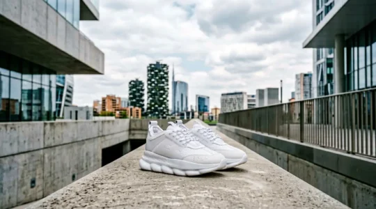 Sneakers chunky bianche su sfondo urbano elegante milanese con elementi architettonici moderni